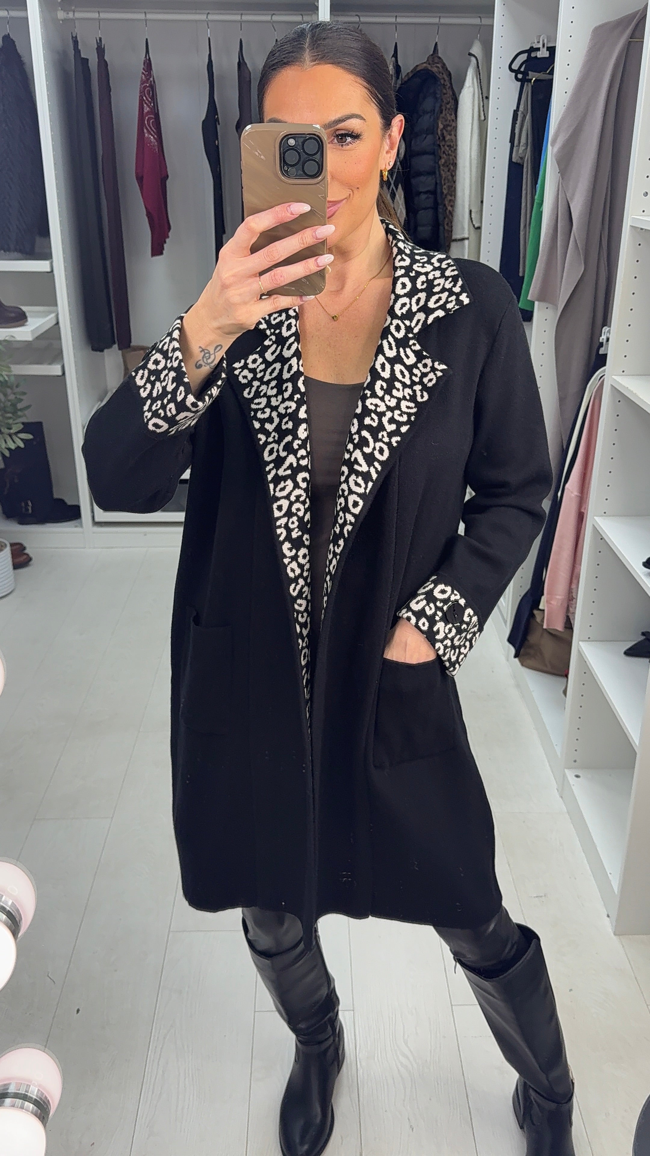 Mya Black/Beige Cheetah Trim Pocket Cardigan