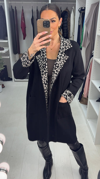 Mya Black/Beige Cheetah Trim Pocket Cardigan