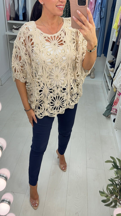 Brigida Crochet Sequin Detailed Batwing Sleeve Top