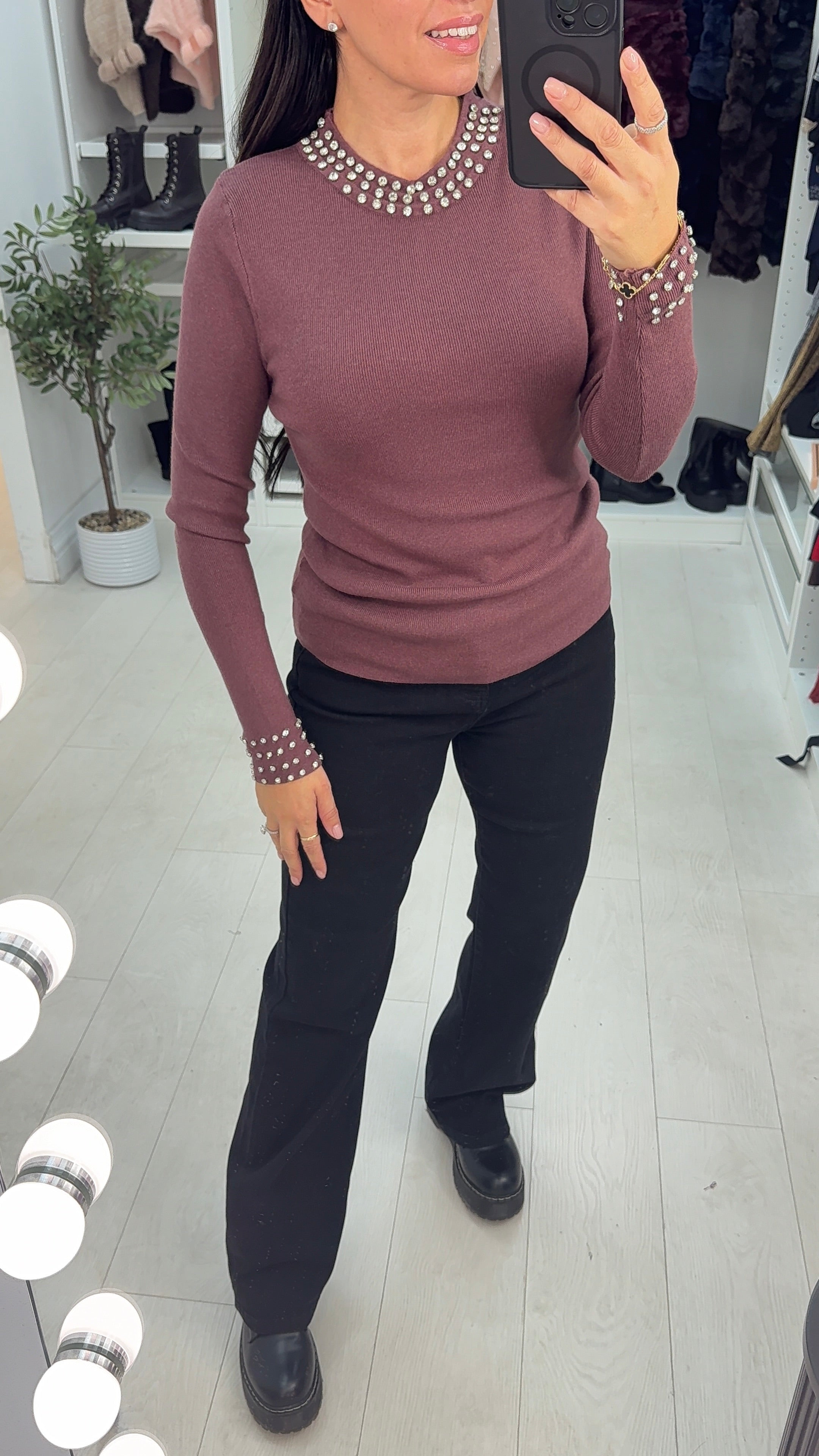Patrese Diamante Detail Round Neck Ribbed Jumper
