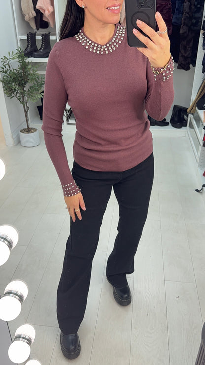 Patrese Diamante Detail Round Neck Ribbed Jumper