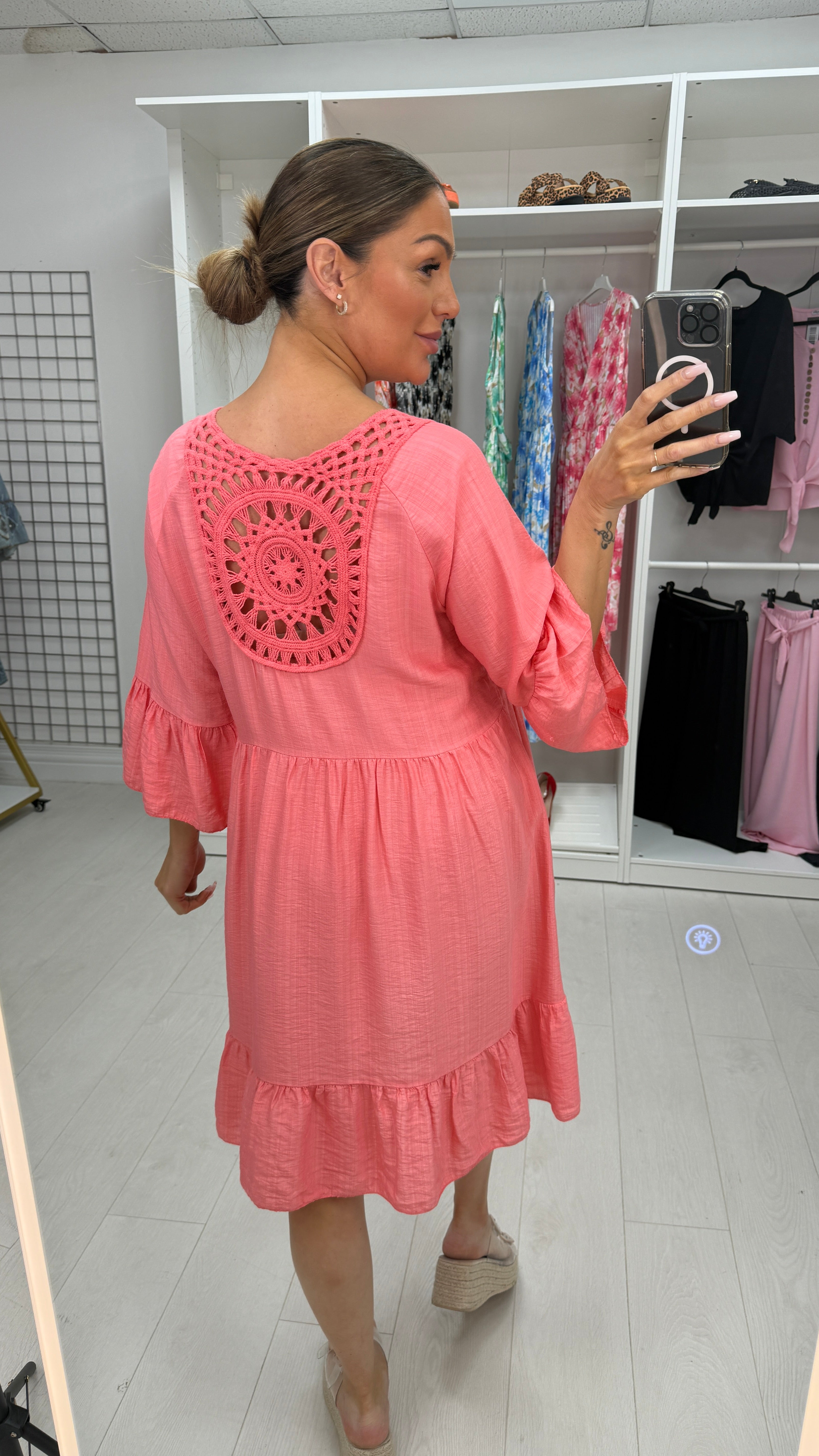 Helia Plain Crochet Back Smock Dress