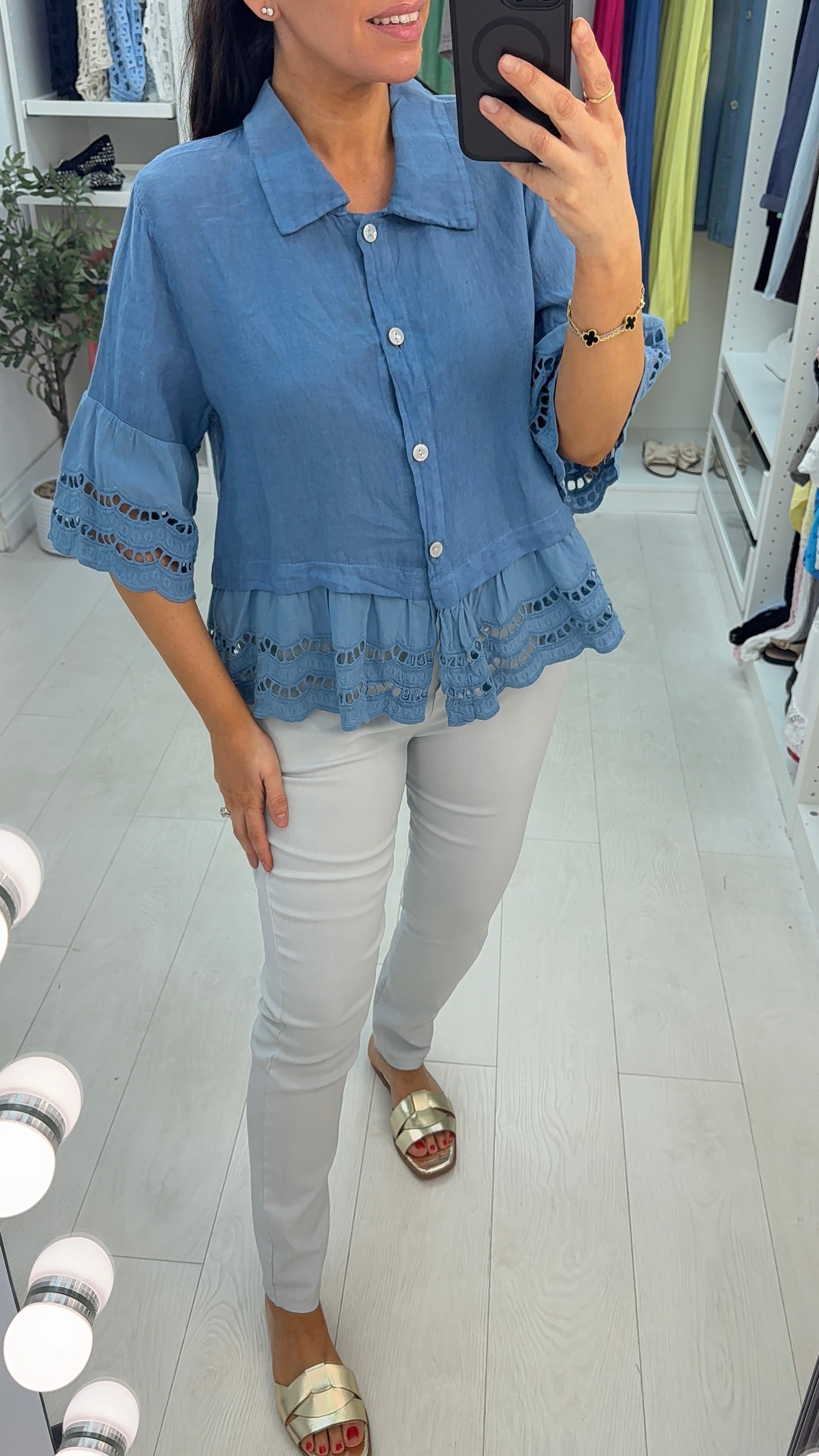 Maeve Plain Loose Fit Frill Detailed Linen Smock Shirt