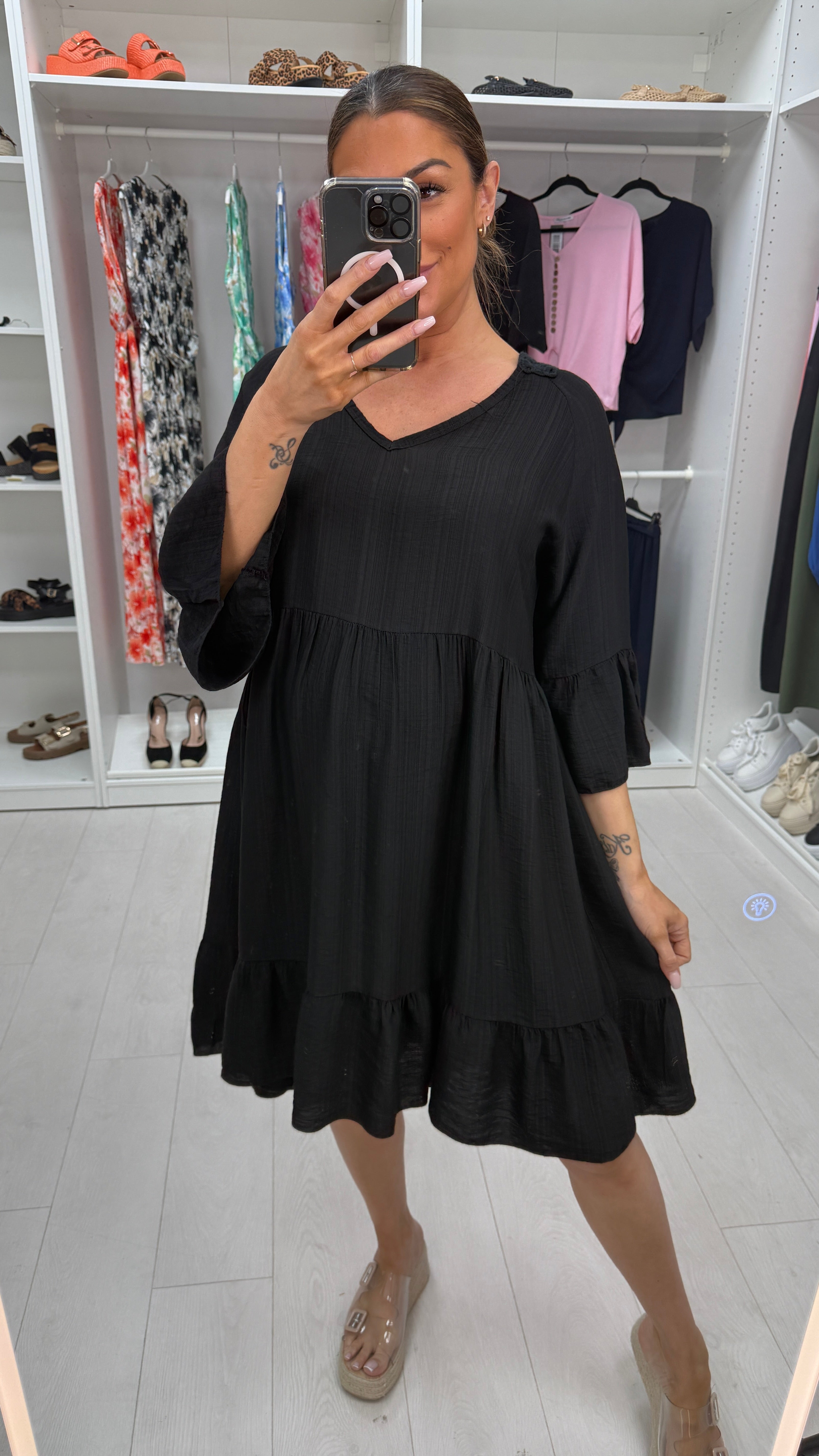 Helia Plain Crochet Back Smock Dress