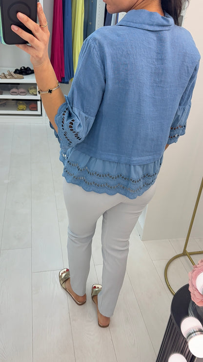 Maeve Plain Loose Fit Frill Detailed Linen Smock Shirt