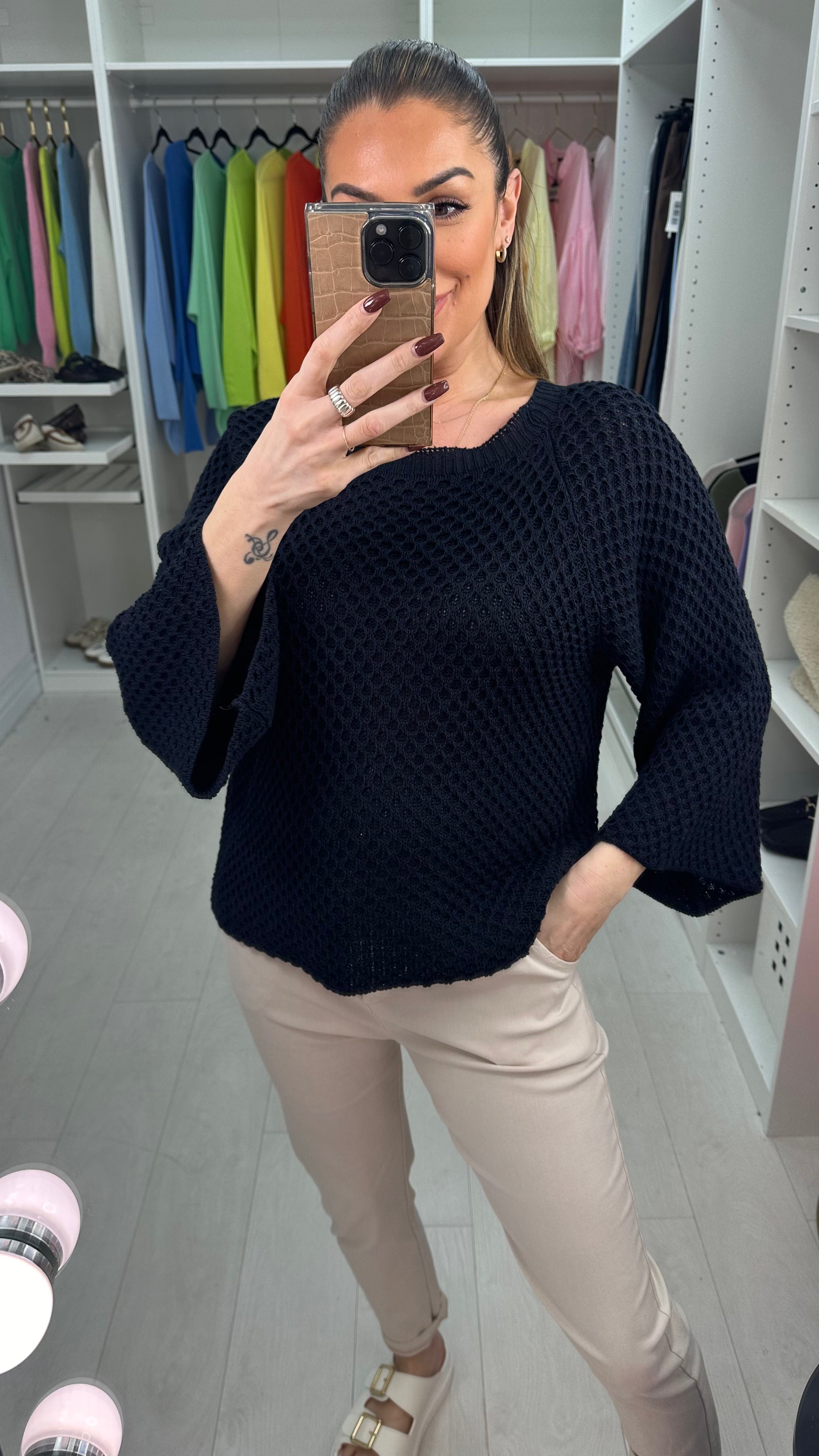 Jacqueline 3/4 Sleeve Crochet Knit Top