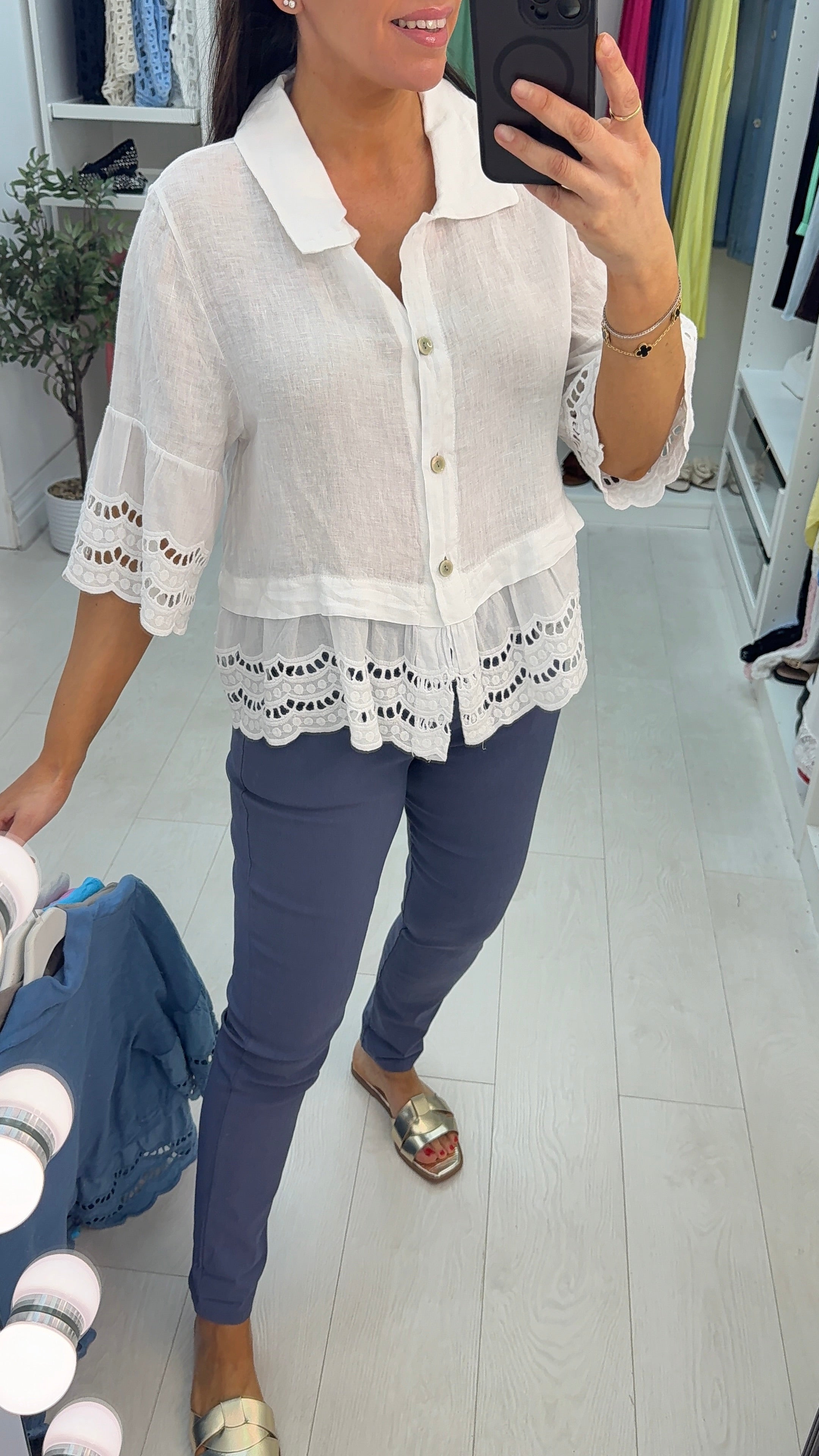 Maeve Plain Loose Fit Frill Detailed Linen Smock Shirt