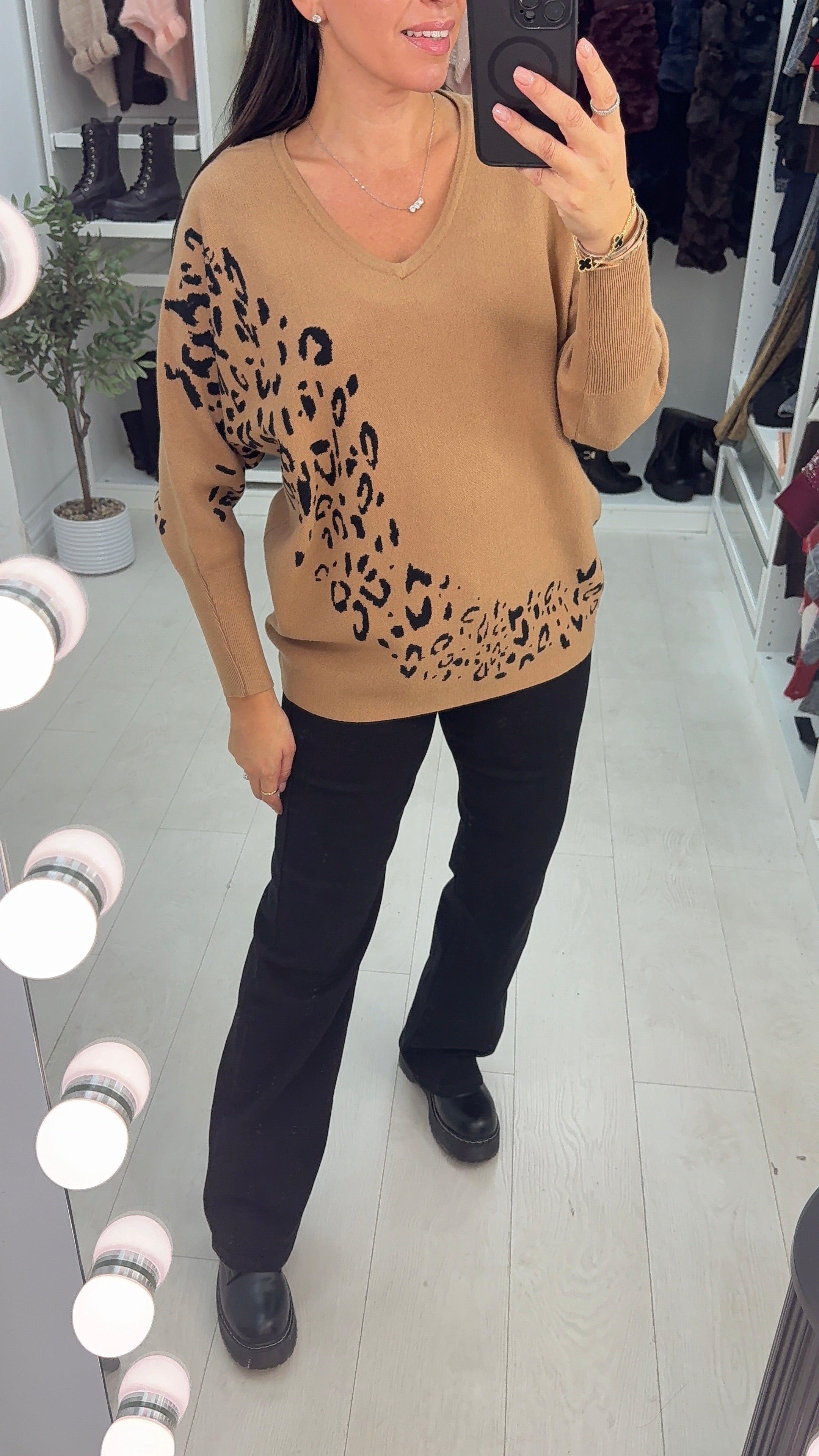 Edina Leopard Print Loose Fit V Neck Jumper