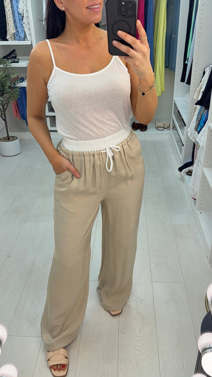 Doreen Plain Contrast Waistband Wide Leg Trousers