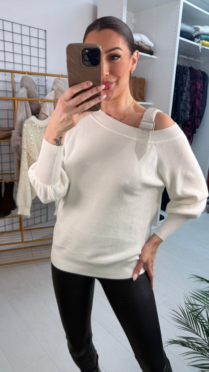 Delana Studded Diamante Buckle Strap Shoulder Detailed Knit Jumper