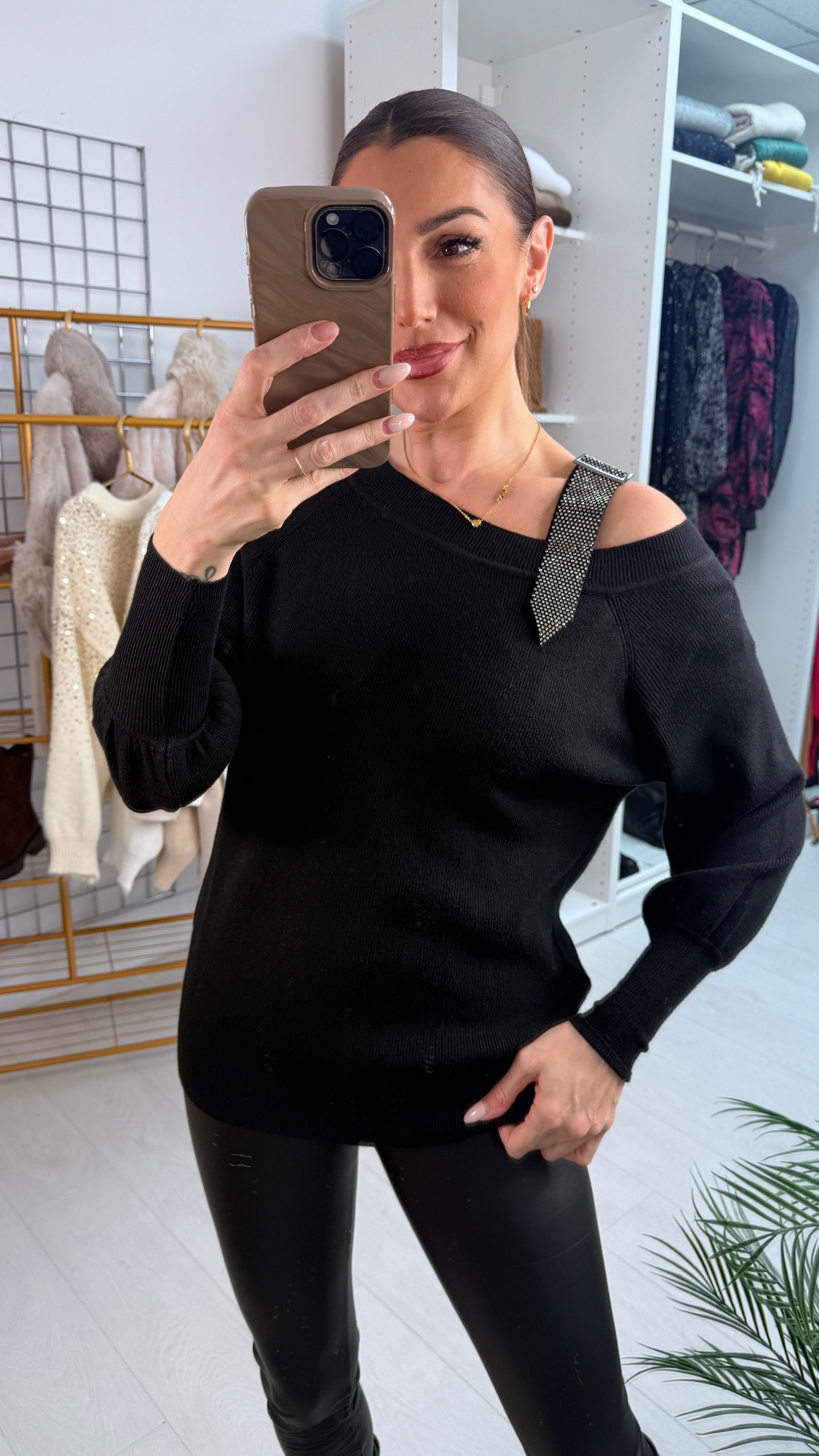 Delana Studded Diamante Buckle Strap Shoulder Detailed Knit Jumper