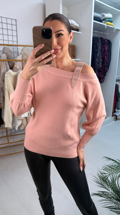 Delana Studded Diamante Buckle Strap Shoulder Detailed Knit Jumper