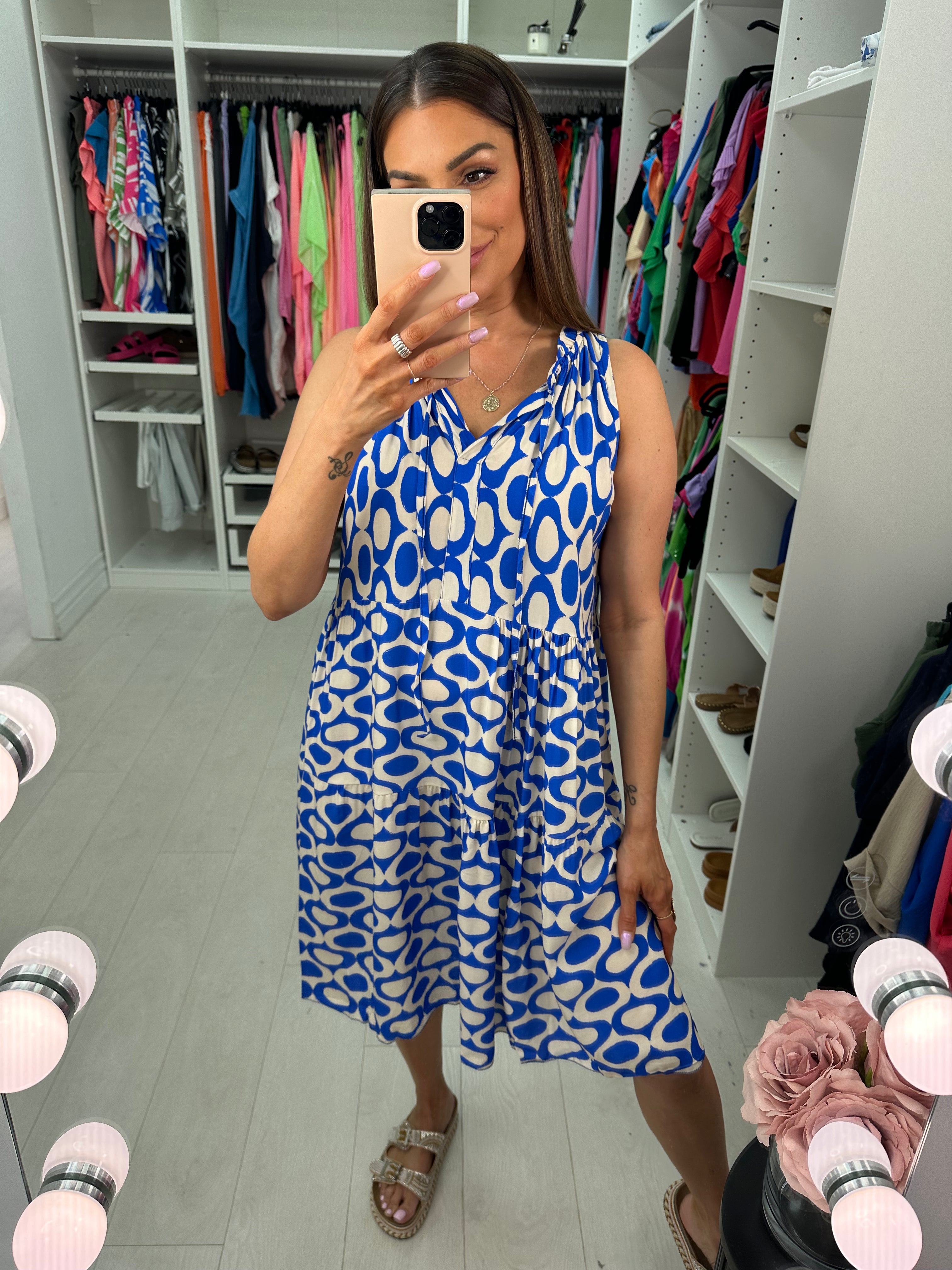 Rivka Patterned Tie Neck Midi Dress