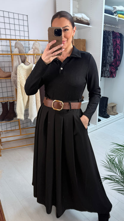 Milly V Neck Belted Black Skirt Dress