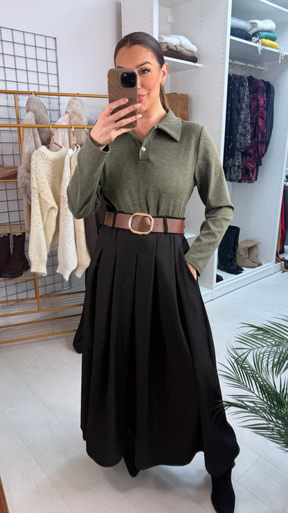 Milly V Neck Belted Black Skirt Dress