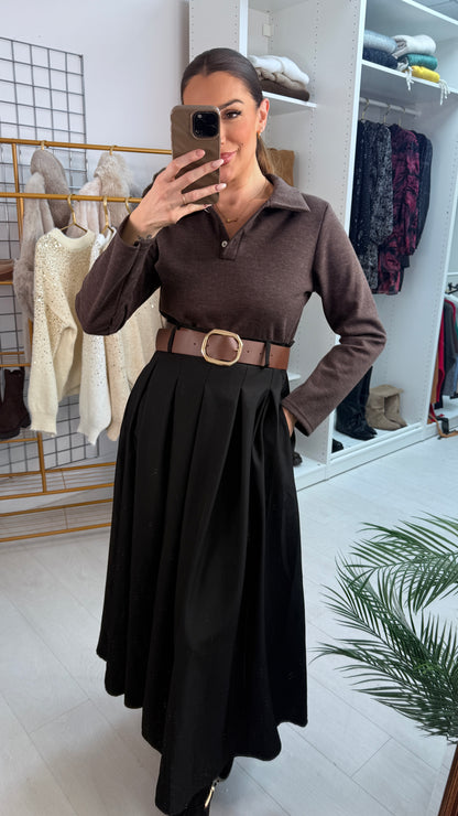 Milly V Neck Belted Black Skirt Dress