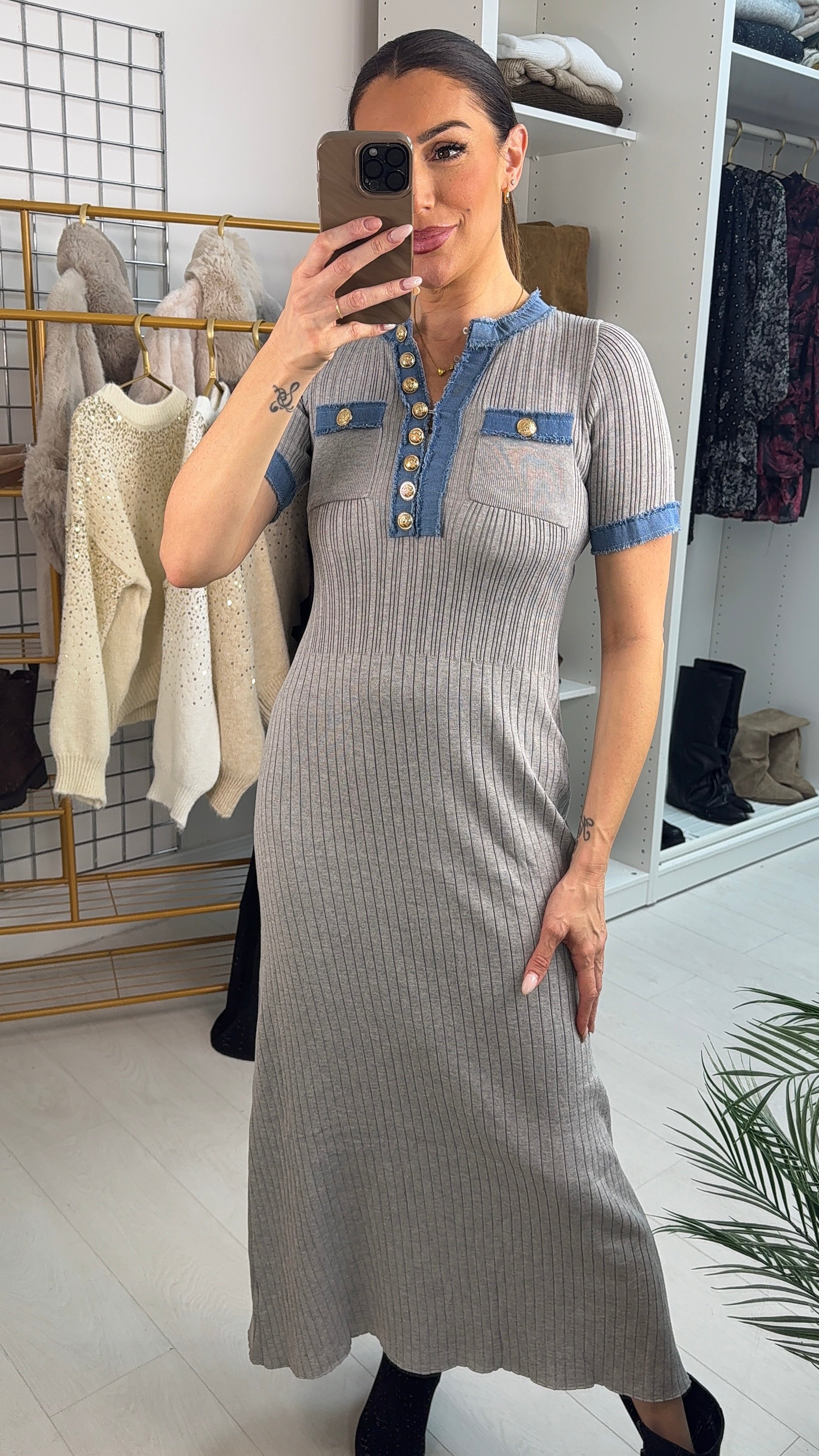 Ezra Denim Detailed Short Sleeve Maxi Dress