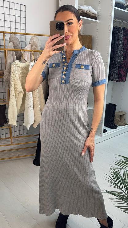 Ezra Denim Detailed Short Sleeve Maxi Dress