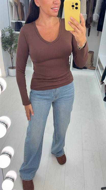Debbie Plain V Neck Long Sleeve Basic Top