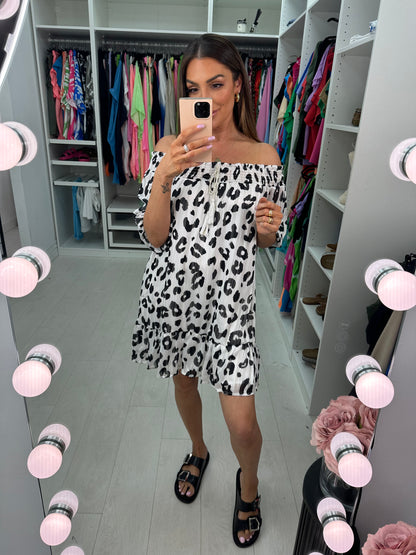 Sharlot Lurex Leopard Print Bardot Dress