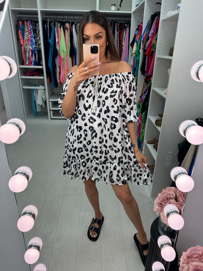 Sharlot Lurex Leopard Print Bardot Dress