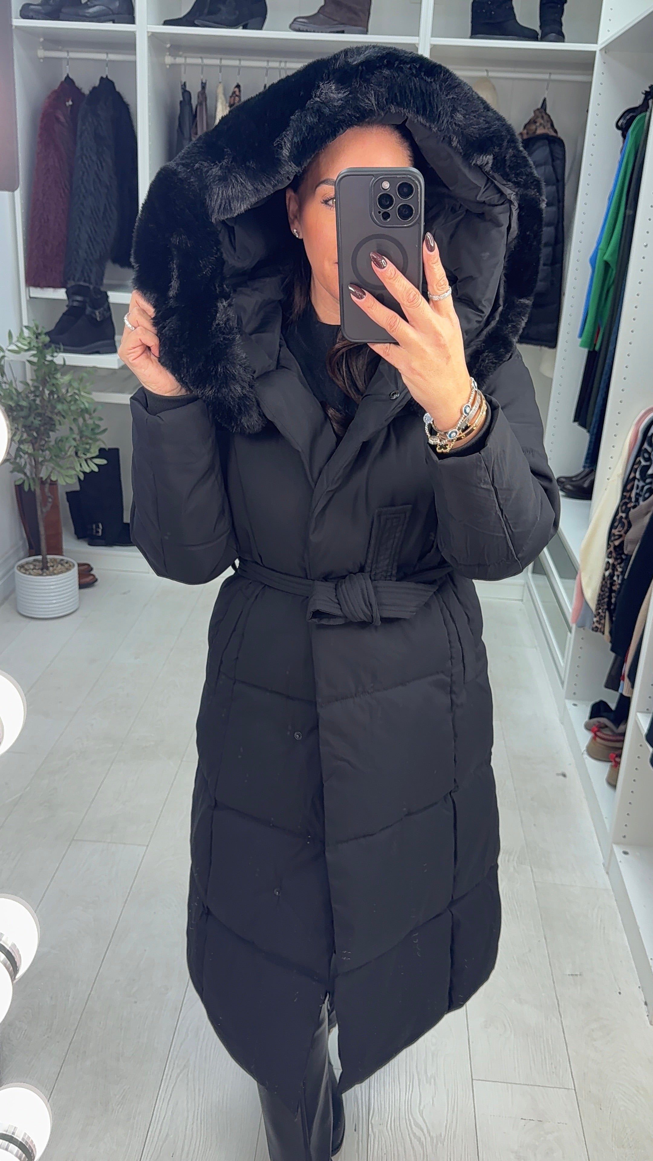 Evrin Faux Fur Hood Oversized Longline Coat