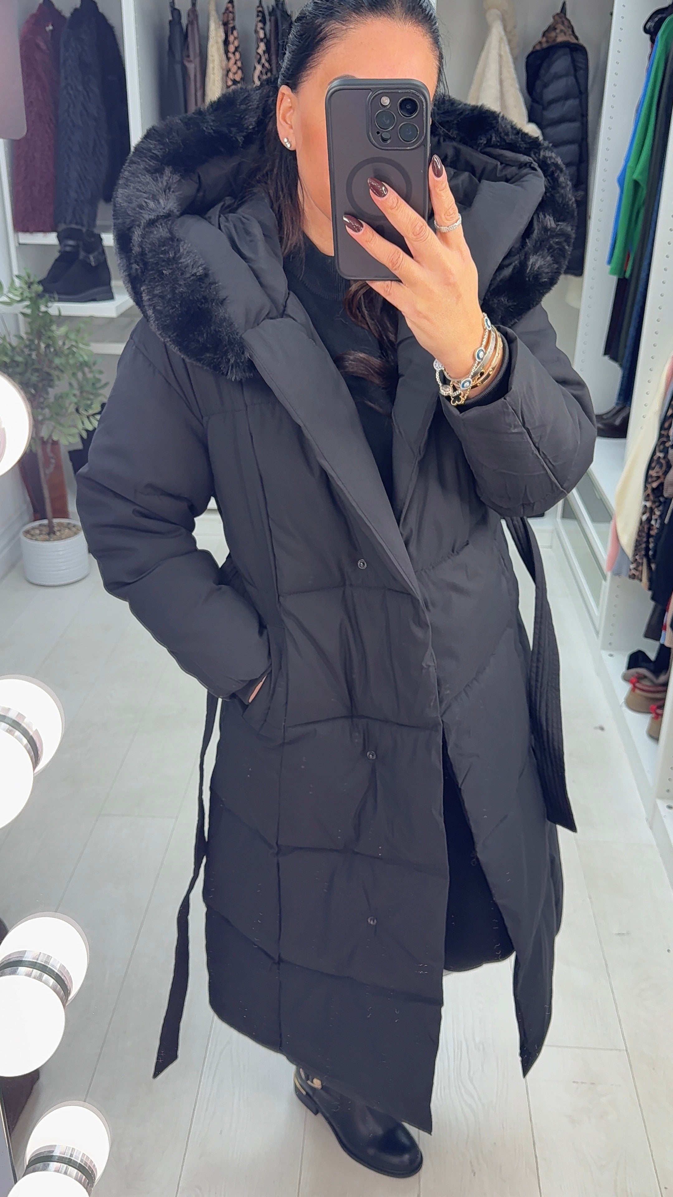 Evrin Faux Fur Hood Oversized Longline Coat