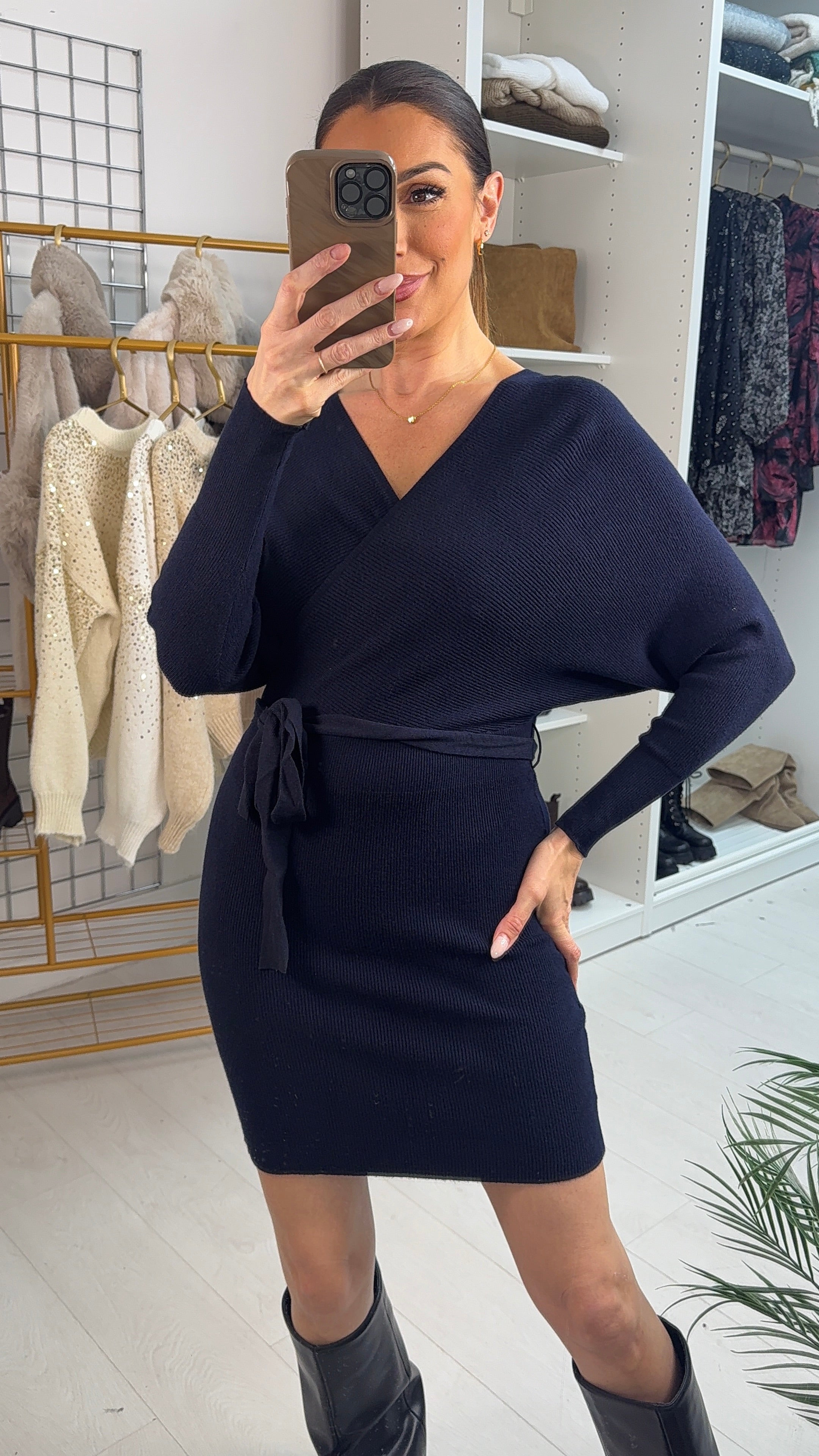 Tricia Plain V Neck Ribbed Jumper Dress