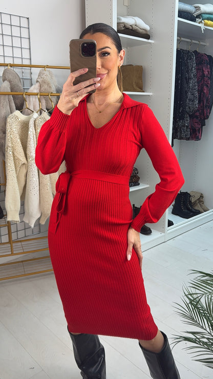 Cathie Plain Ribbed Belted Maxi Jumper Dress