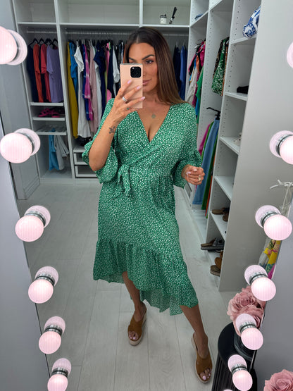 Jia Emerald Ditsy Print Ruffle Dip Hem Dress