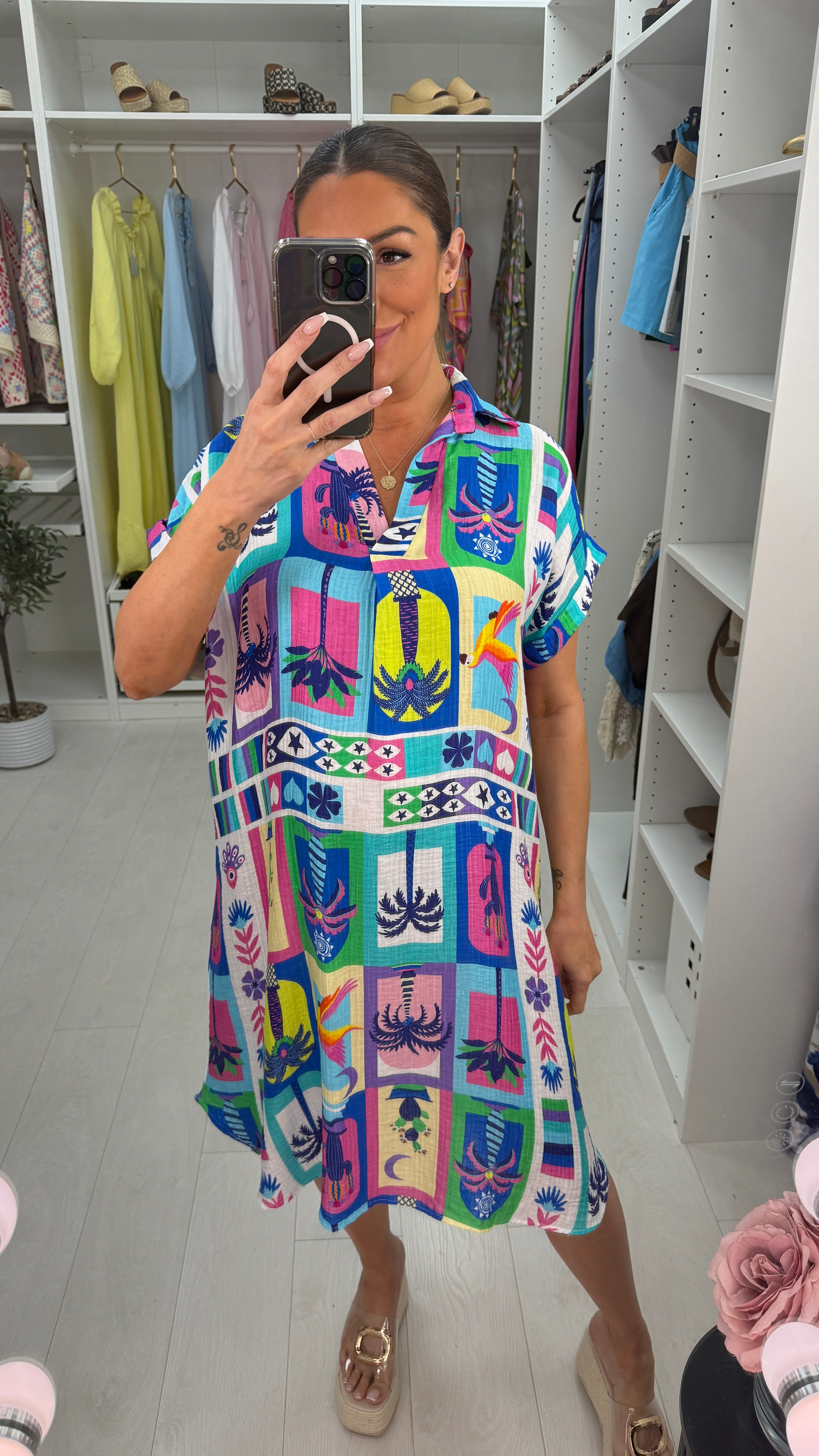 Kelly Tropical Print V Neck Cheesecloth Dress