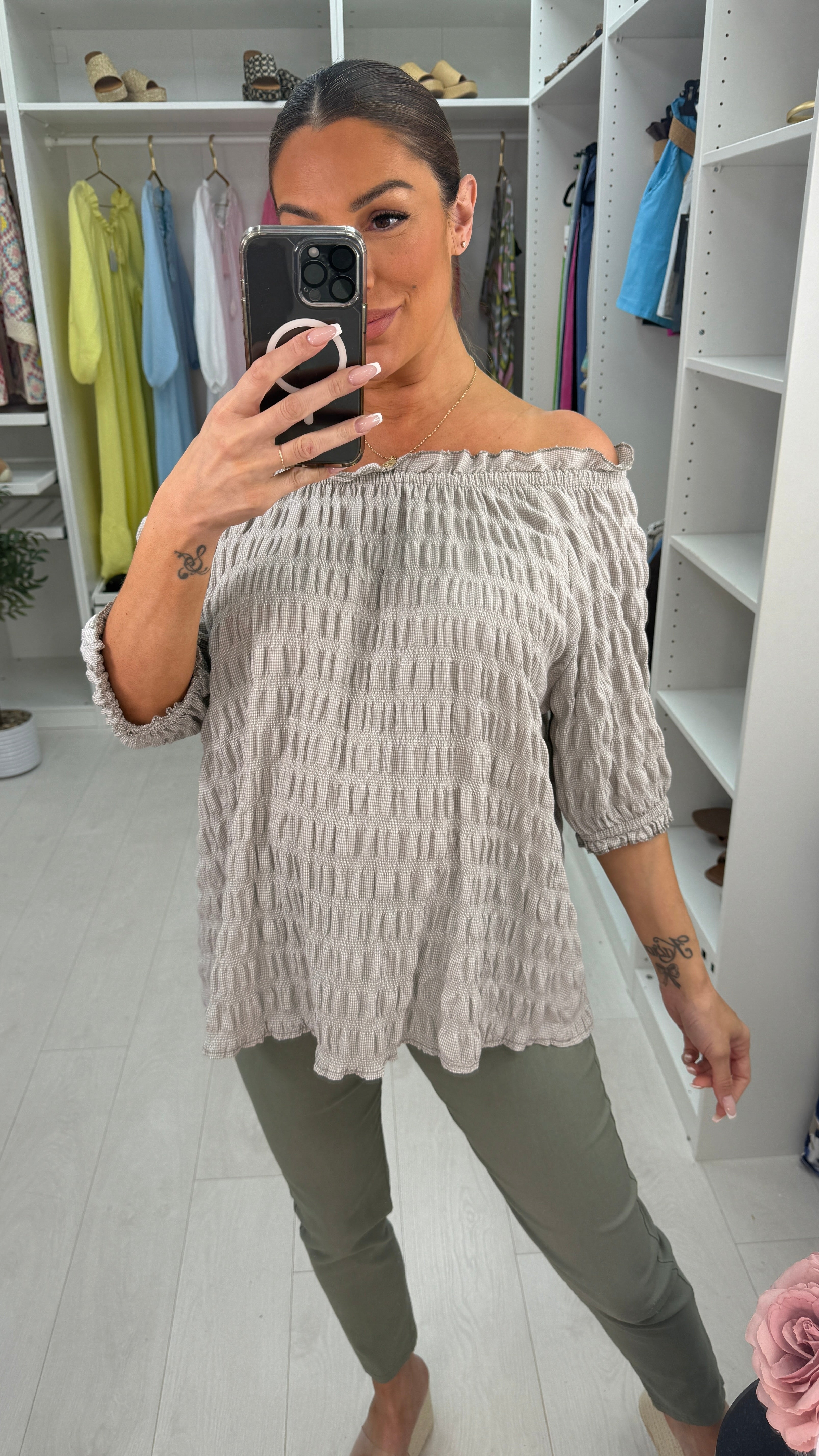 Poppie Plain Textured Bardot Top