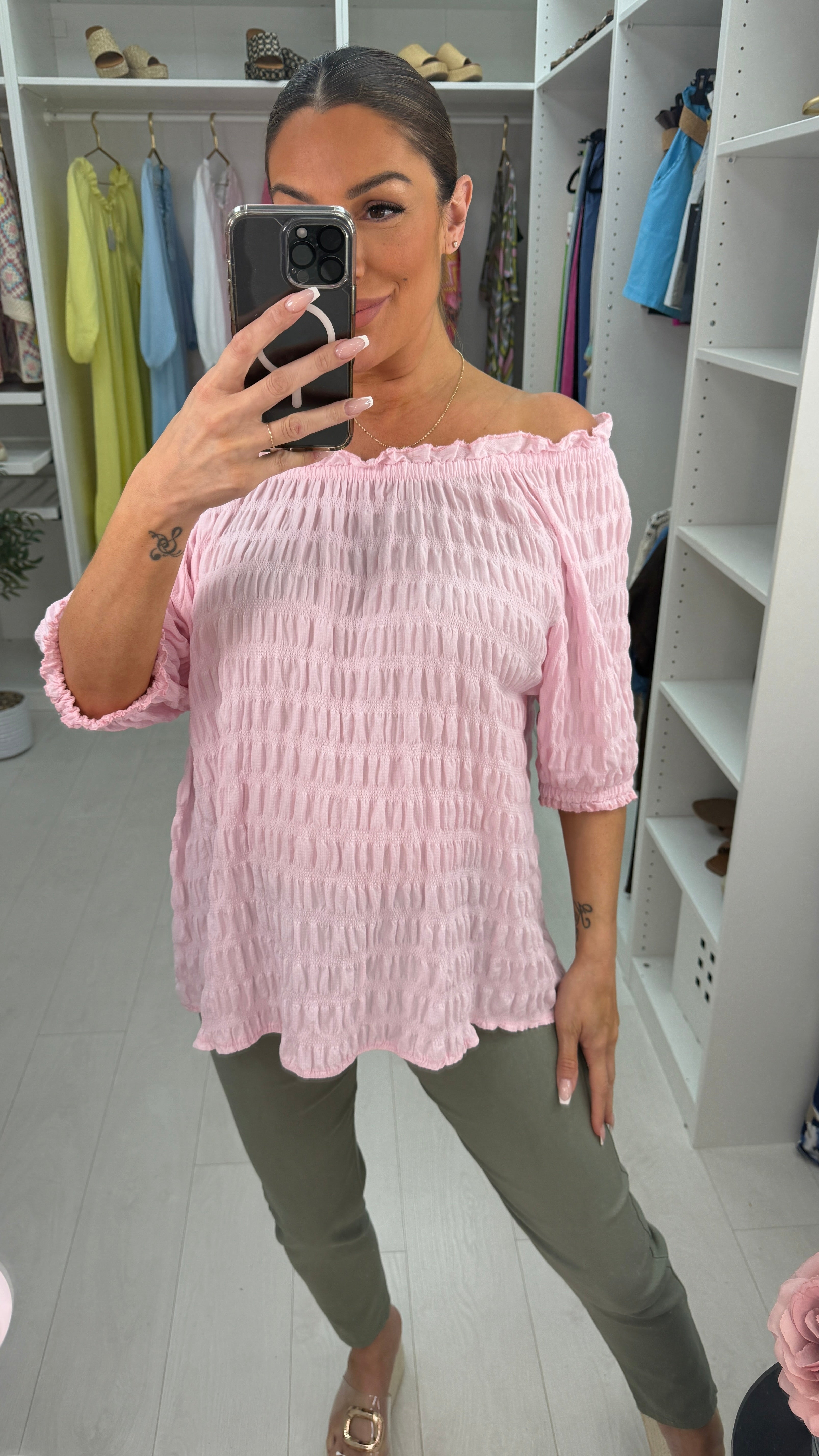 Poppie Plain Textured Bardot Top