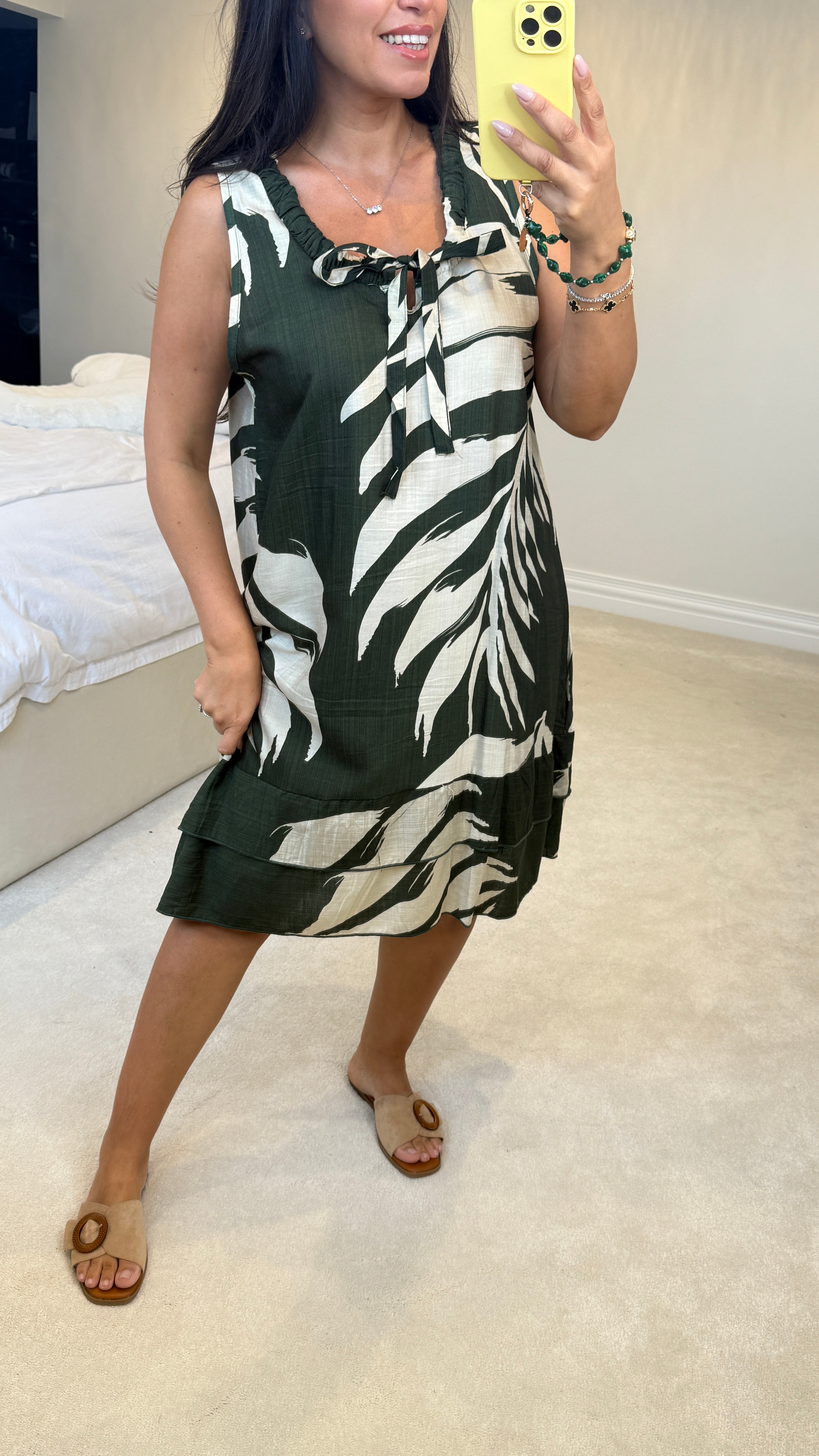 Ellerie Sleeveless Leaf Print Smock Midi Dress