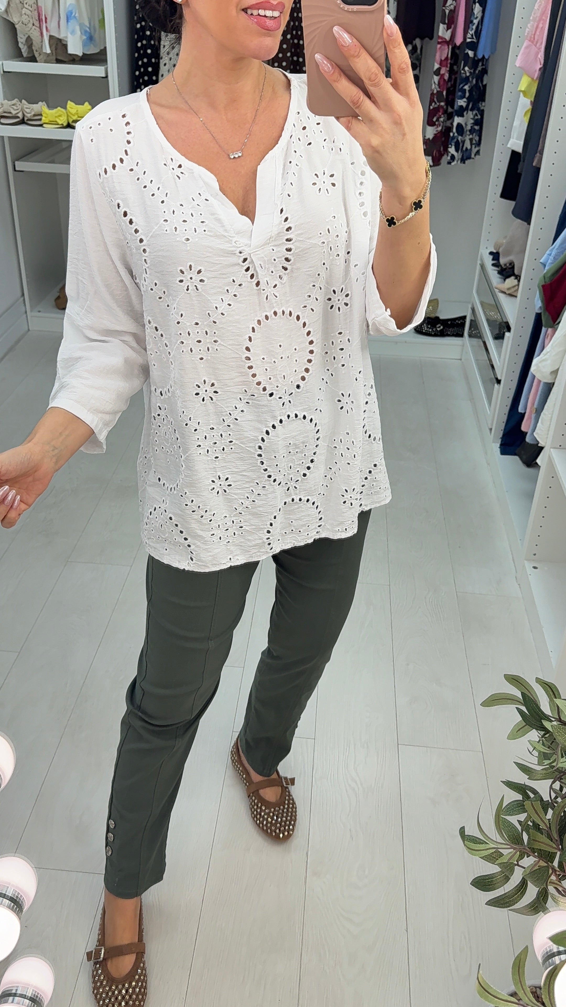 Shelly V Neck Broderie Anglaise Longline Top