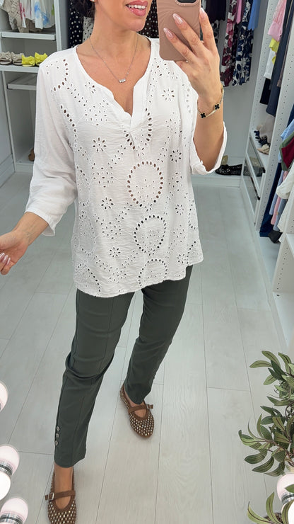 Shelly V Neck Broderie Anglaise Longline Top