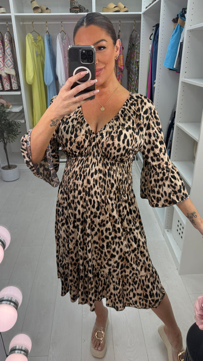 Carissa Leopard Print Shirred Waist Magic Dress