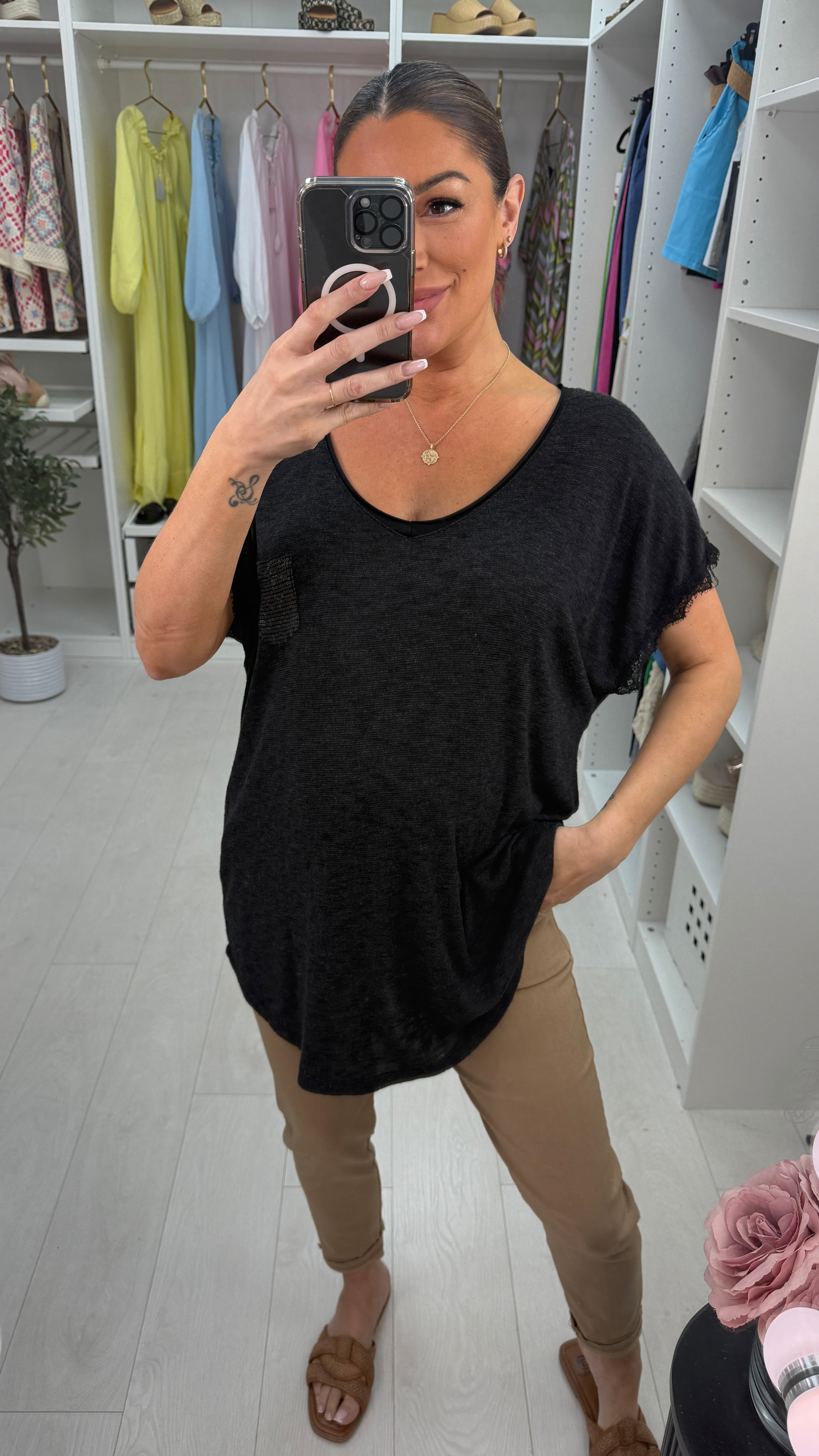 Antonia Plain Sequin Pocket V Neck T-Shirt