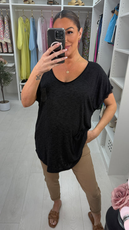 Antonia Plain Sequin Pocket V Neck T-Shirt