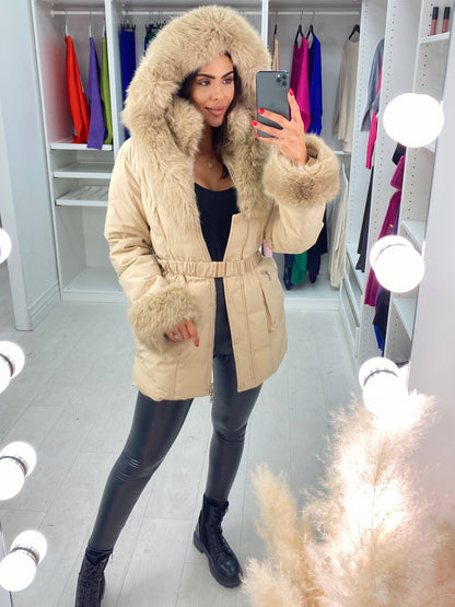 Noneya Beige Faux Fur Hooded Belt Coat