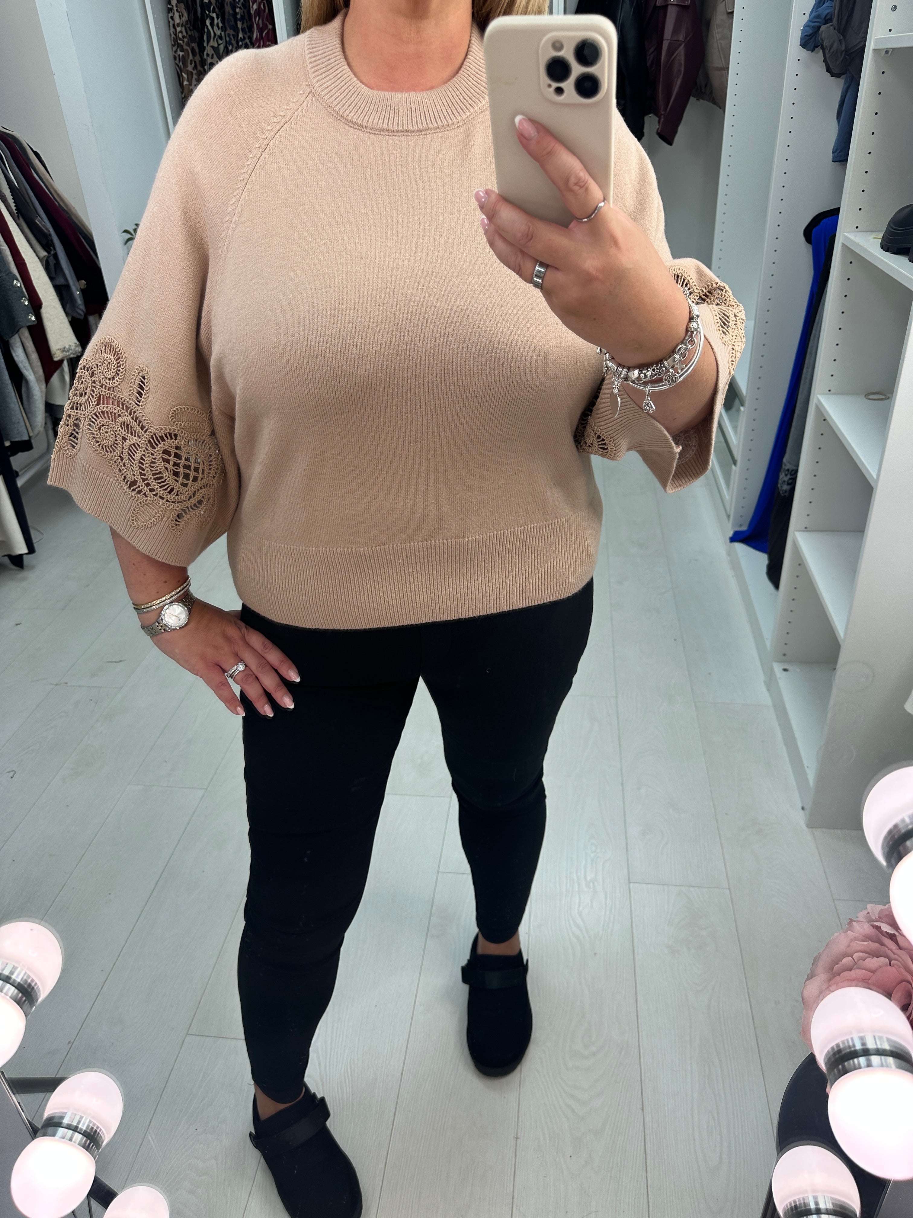 Oritsa Plain Crochet Detailed Sleeve Jumper