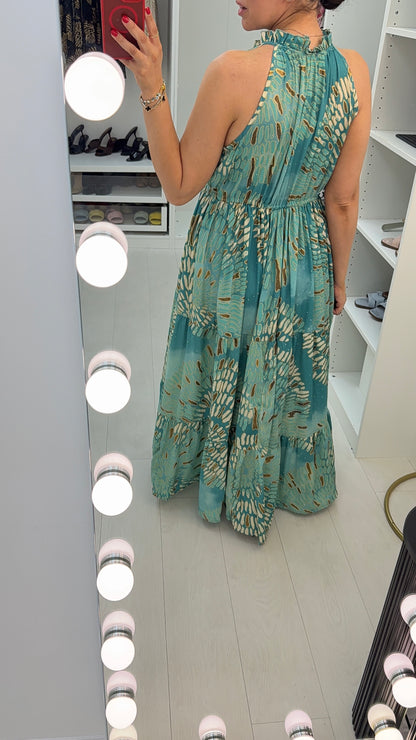 Bellamy Aqua Halterneck Embellished Tiered Dress