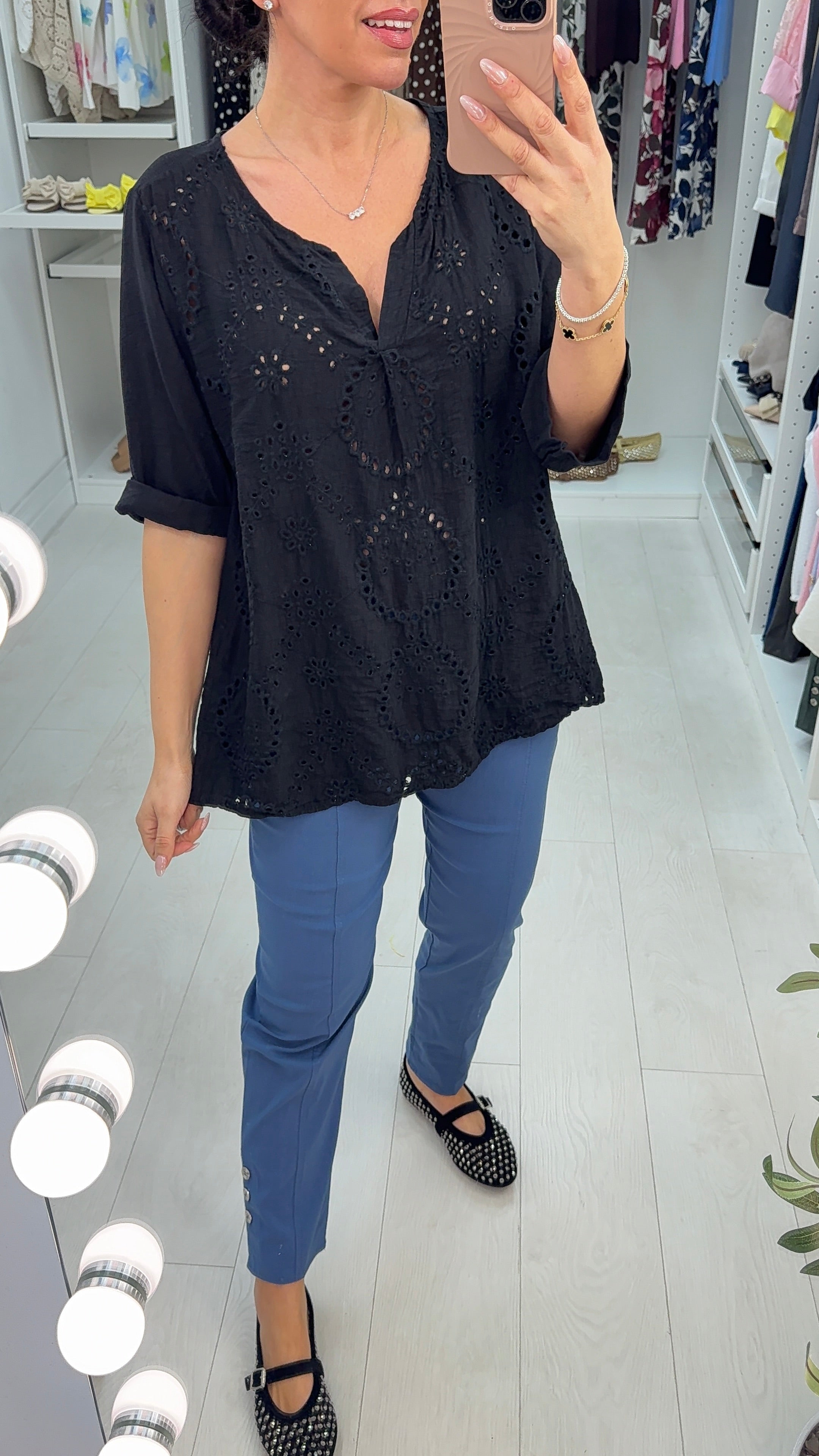 Shelly V Neck Broderie Anglaise Longline Top