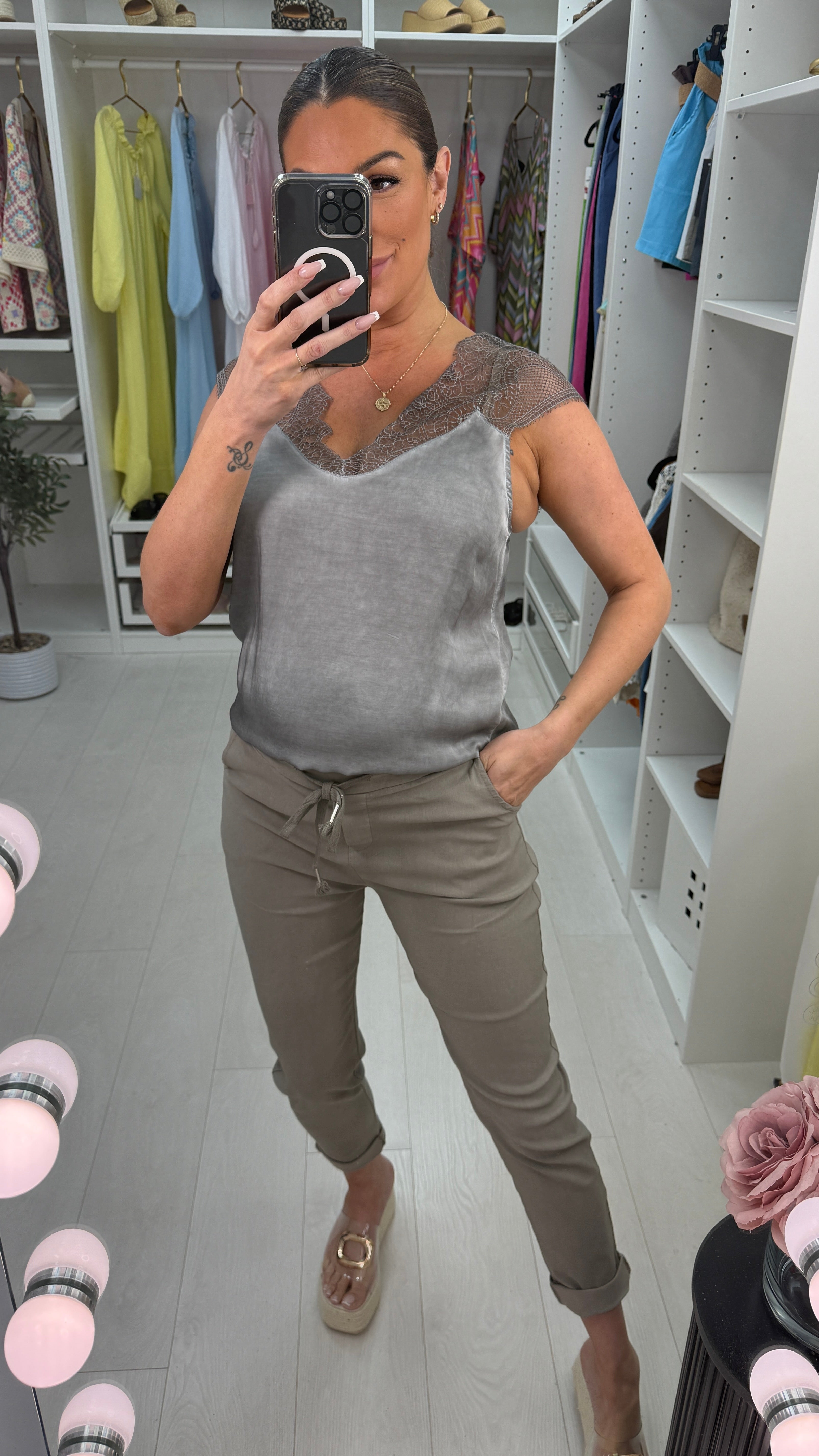 Moyra Plain Lace Detail Satin Cami Top