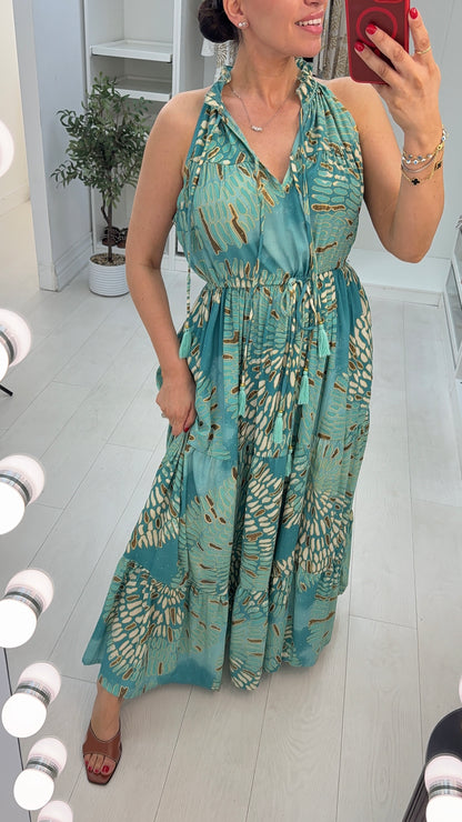 Bellamy Aqua Halterneck Embellished Tiered Dress