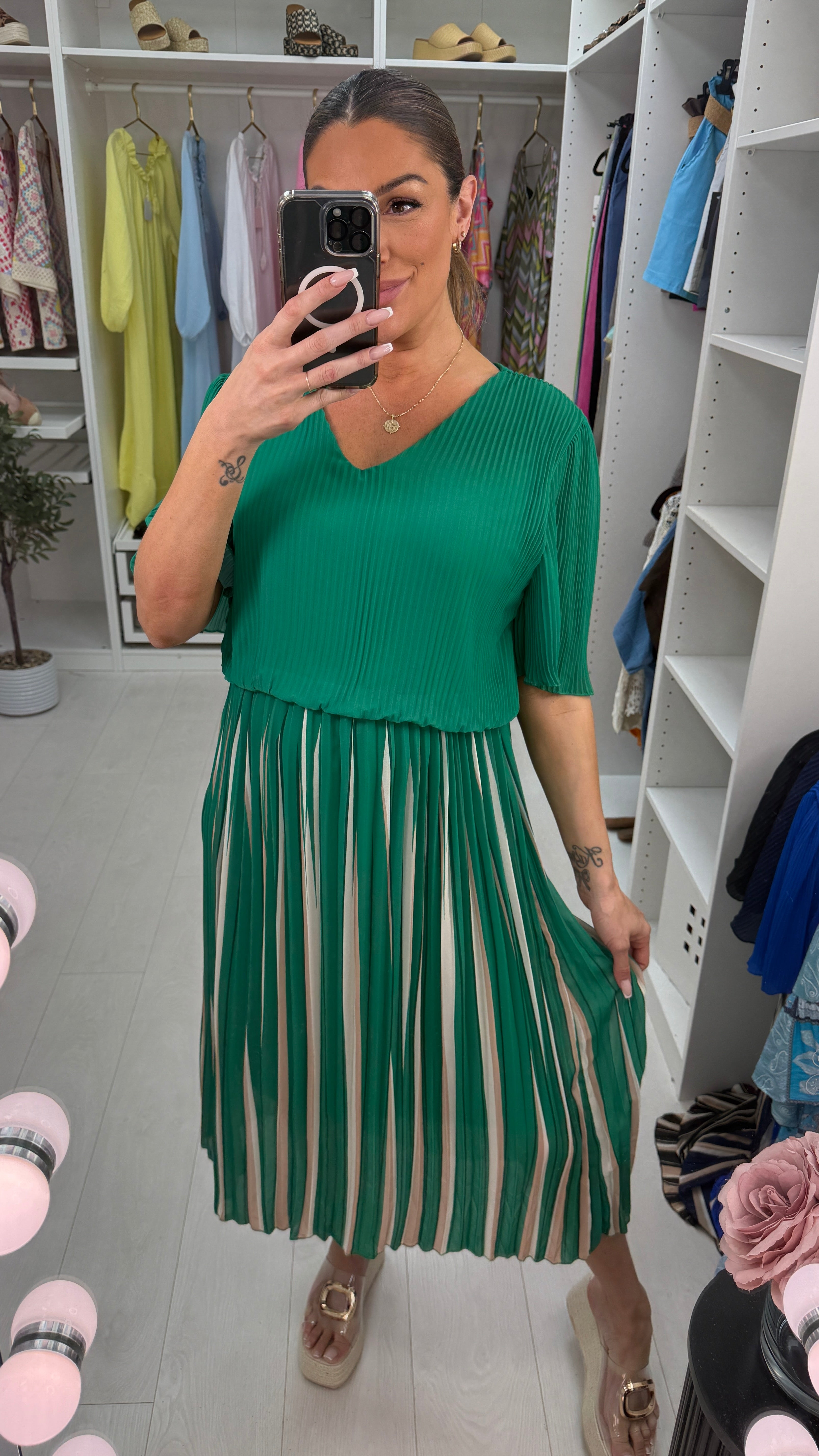 Rachella Striped Pleated Loose Fit Midi Dress