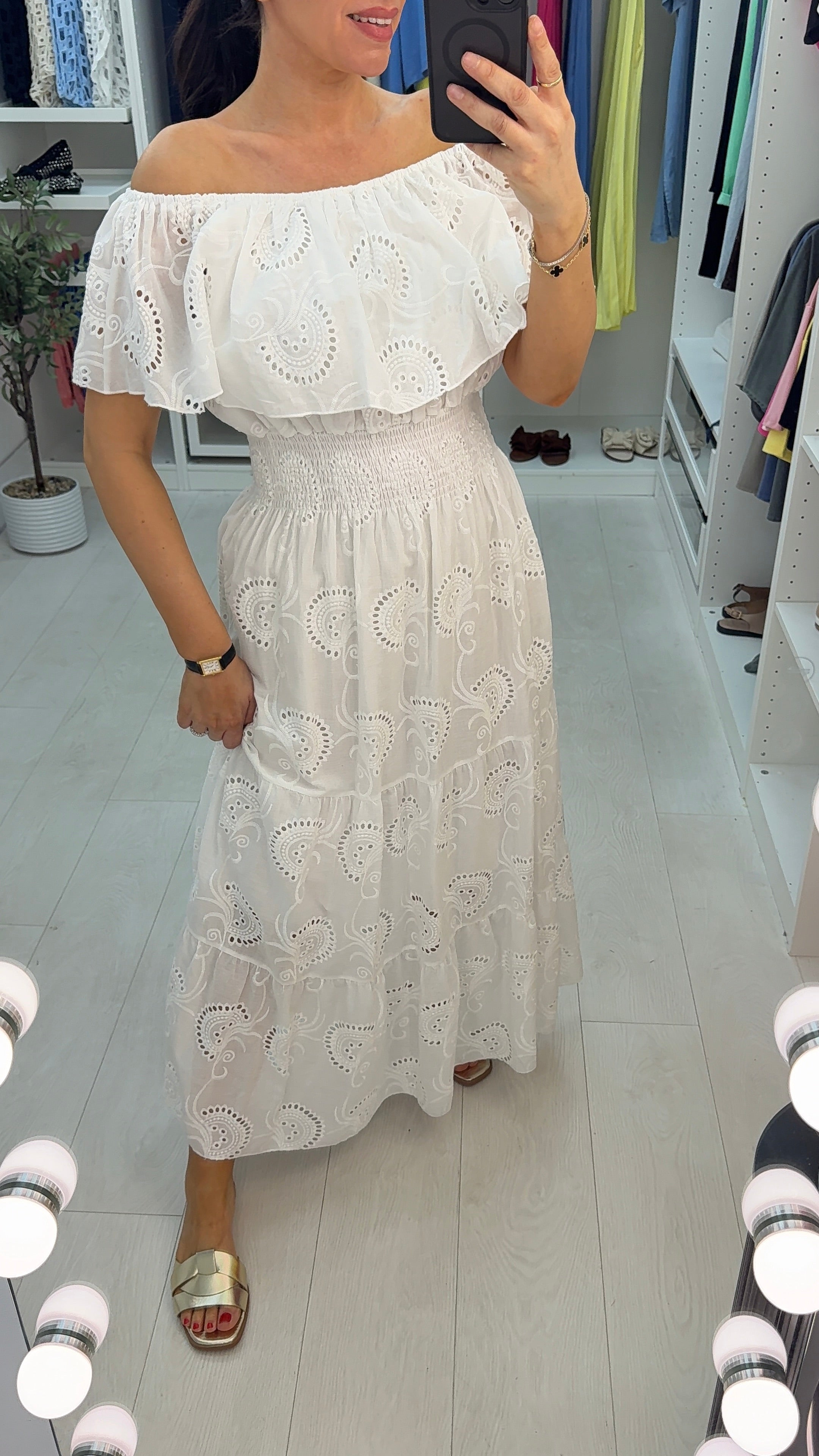 Kimora Broderie Anglaise Bardot Maxi Dress