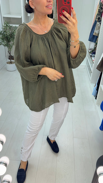 Martha Wide Sleeve Tie Back Linen Loose Fit Top