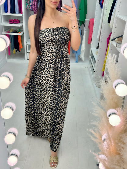 Bergamo Beige Leopard Print Elasticated Bust Maxi Dress