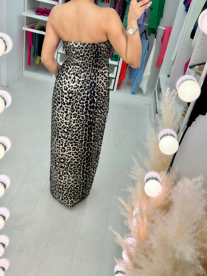 Bergamo Beige Leopard Print Elasticated Bust Maxi Dress